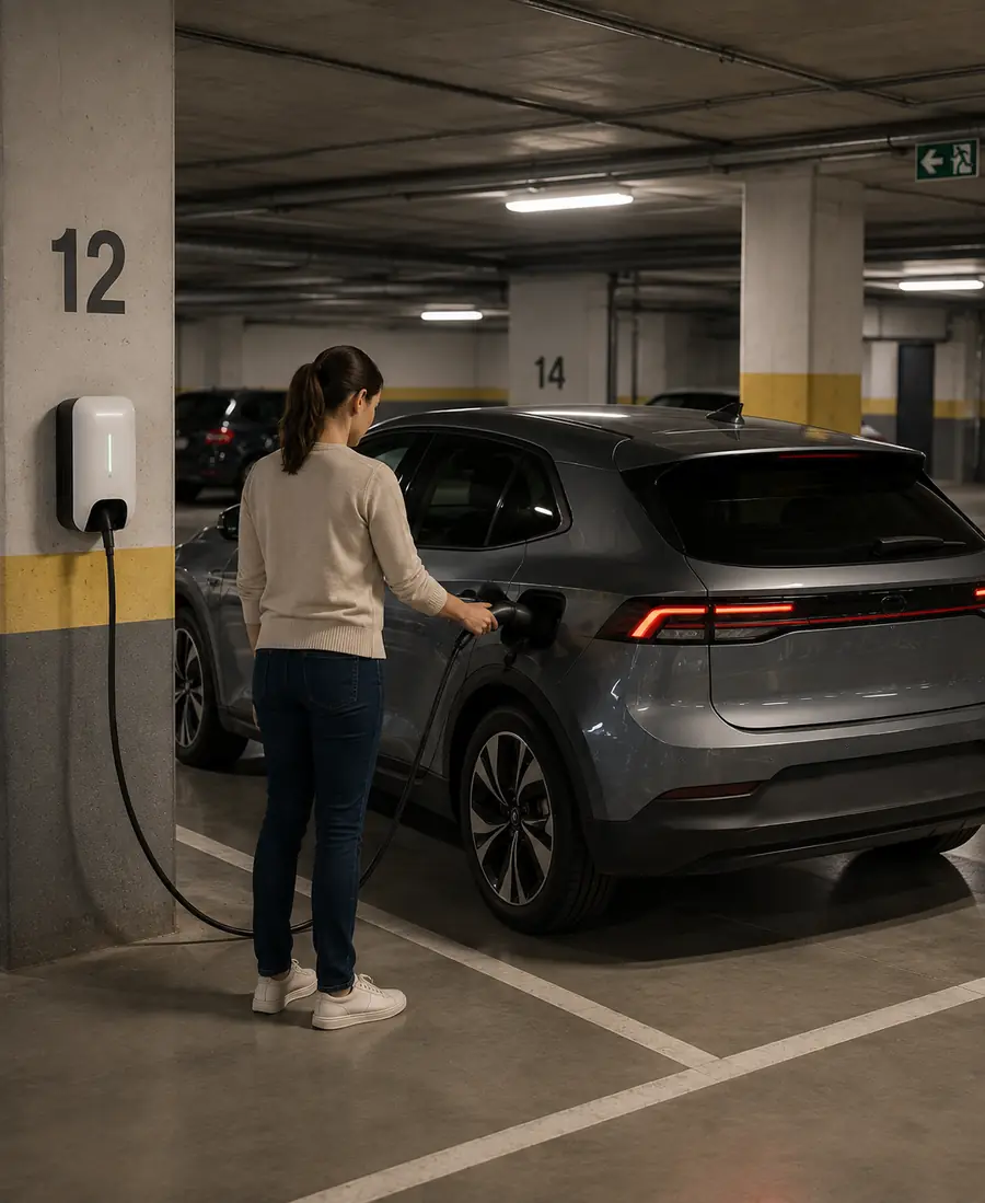 Coche eléctrico cargando en un garaje comunitario