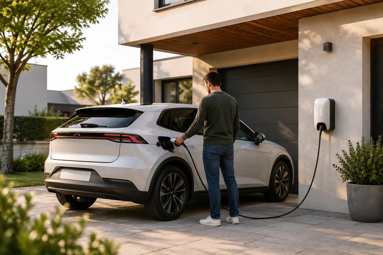 Persona conectando un coche eléctrico a un punto de carga doméstico