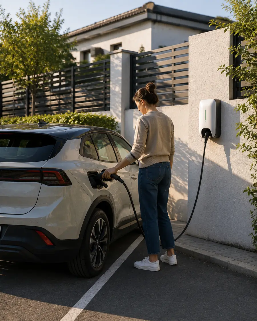 Coche eléctrico cargando en una plaza de aparcamiento exterior